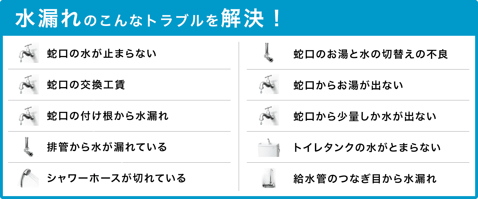 蛇口の水が止まらない・蛇口の交換・蛇口の付け根から水漏れ・配管から水が漏れている・シャワーホースが切れている・蛇口のお湯と水の切り替えの不良・蛇口からお湯が出ない・蛇口から少量しか水が出ない・トイレタンクの水が止まらない・給水管のつなぎ目から水漏れ 宇治市