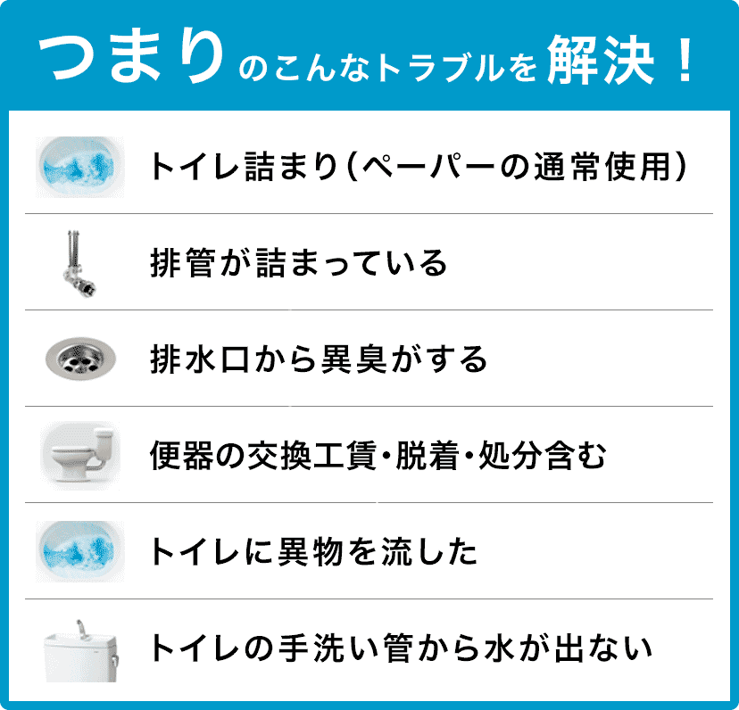 トイレタンクの水が止まらない/トイレタンクから水が出ない/トイレつまり（ペーパーの通常使用)/トイレに異物を流した/便器の交換（工賃のみ)・脱着・処分含む/トイレの手洗い管から水が出ない/ウォッシュレットの取付作業 京都